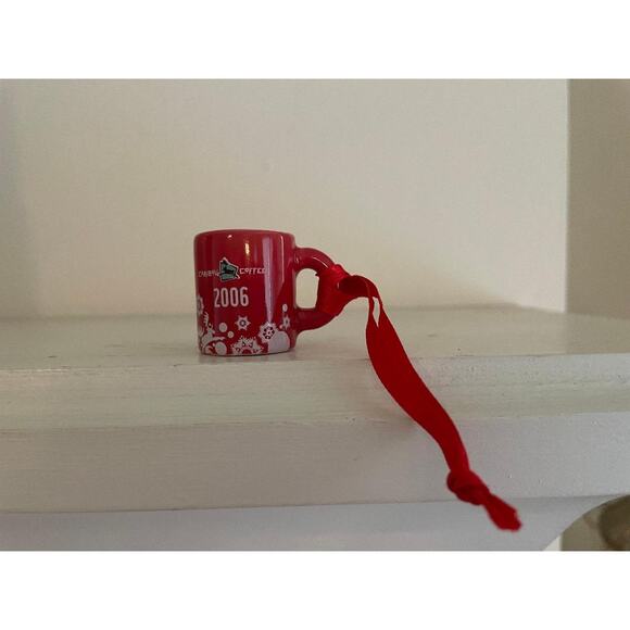 Caribou Coffee Ornament Mini Mug 2006 White Leaping Caribou and Snowflakes - Picture 2 of 5